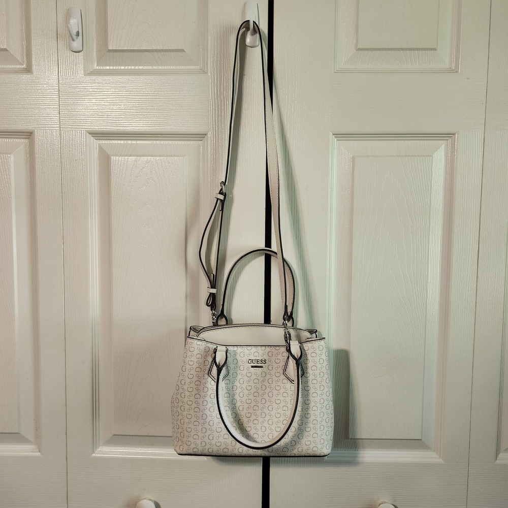 Guess Los Angeles Cream Monogram Satchel Crossbody Bag Silver Tone Hardware